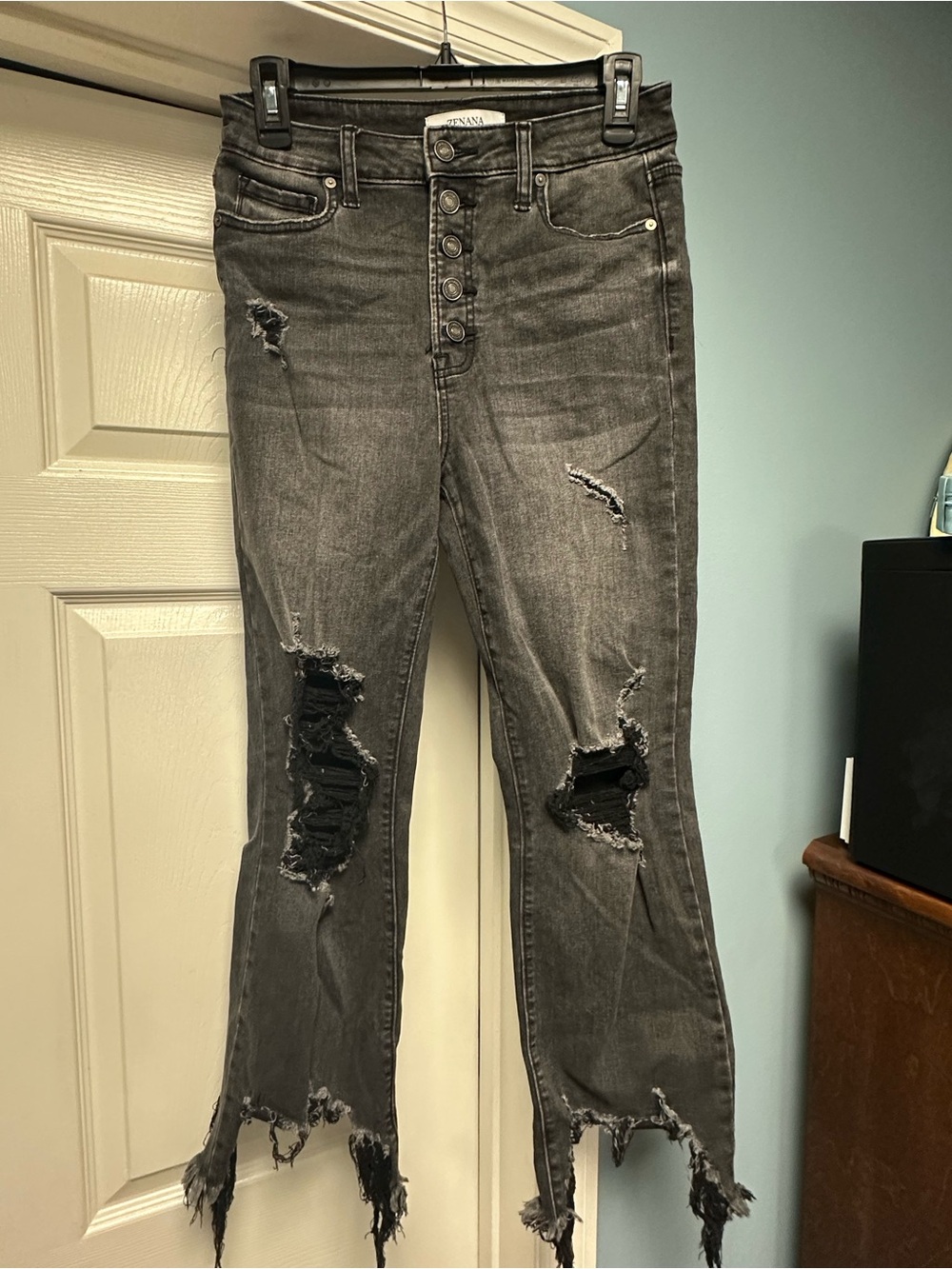 Zenana Outfitters Distressed Black Flare Jeans with Button Fly